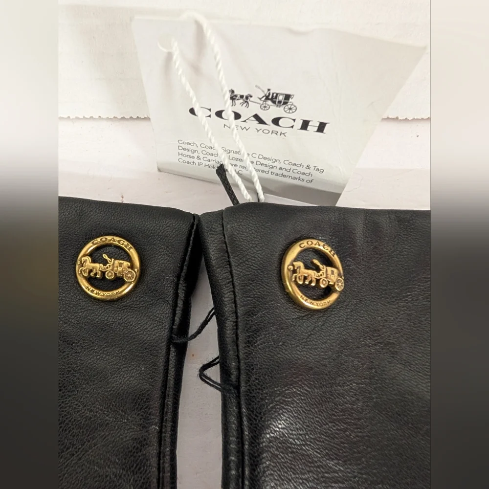 Coach Black Leather Button-Accent Gloves with Gold-Tone Logo NWT